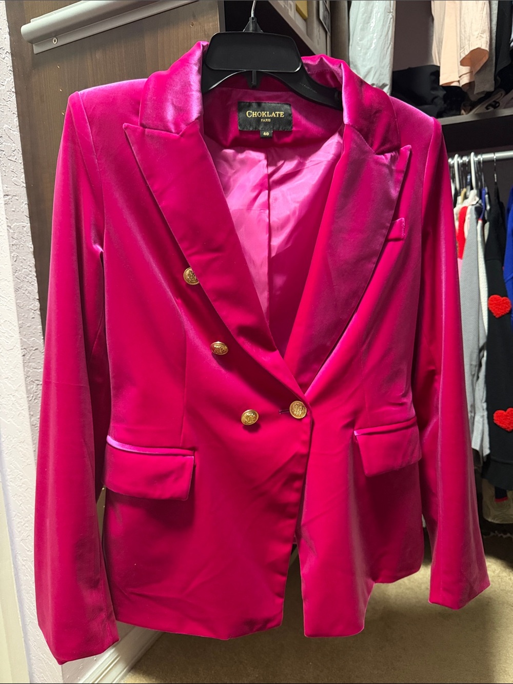 Choklate Hot Pink Double-Breasted Velvet Blazer